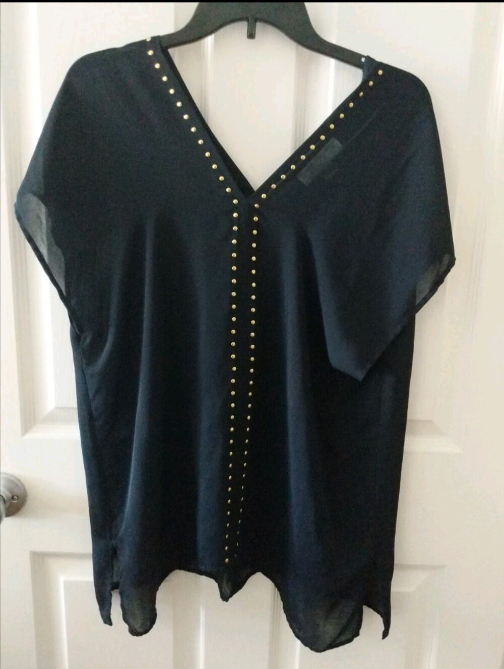 Women's Michael Kors Black V-Neck Top W/ Gold Studded Trim Shirt Sz. Med.